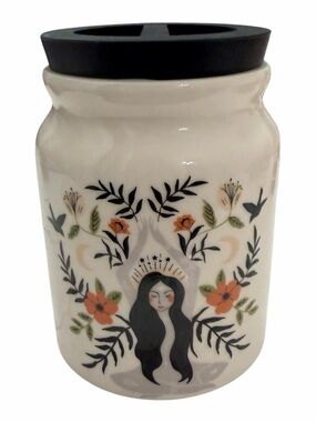 Cream Ceramic Bathroom Organizer with Black Top and Floral Goddess Design